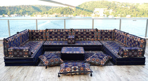 Navy Blue U Shaped Arabic Floor Sofa Set, Floor Cushions, Balcony Patio Sofas, Pallet Sofa, Ethnic Sofa, Moroccan Sofas