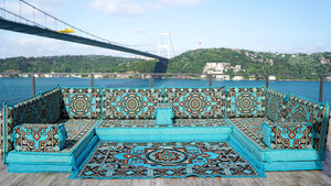 Turquoise Pinar Blossom: U Shaped Floor Sofa Set – Middle Eastern Floor Sofa – Luxury Arabic Majlis Seating Set