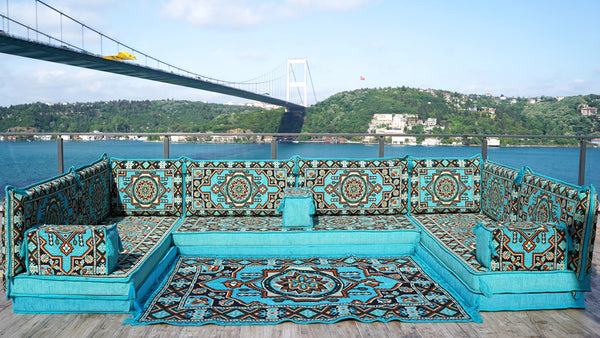 Turquoise Pinar Blossom: U Shaped Floor Sofa Set – Middle Eastern Floor Sofa – Luxury Arabic Majlis Seating Set