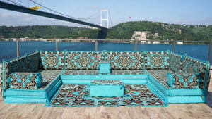 Turquoise Pinar Blossom: U Shaped Floor Sofa Set – Middle Eastern Floor Sofa – Luxury Arabic Majlis Seating Set