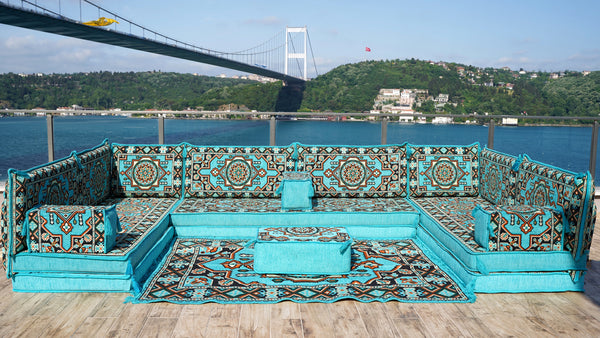 Turquoise Pinar Blossom: U Shaped Floor Sofa Set – Middle Eastern Floor Sofa – Luxury Arabic Majlis Seating Set