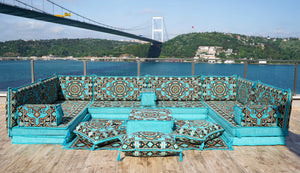 Turquoise Pinar Blossom: U Shaped Floor Sofa Set – Middle Eastern Floor Sofa – Luxury Arabic Majlis Seating Set