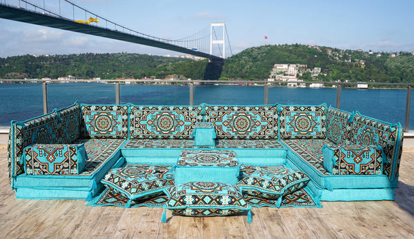 Turquoise Pinar Blossom: U Shaped Floor Sofa Set – Middle Eastern Floor Sofa – Luxury Arabic Majlis Seating Set