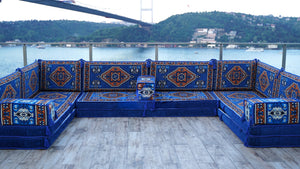 Blue Kirsehir Motif pattern U-shaped Arabic floor sofa set, photo 13 of 13