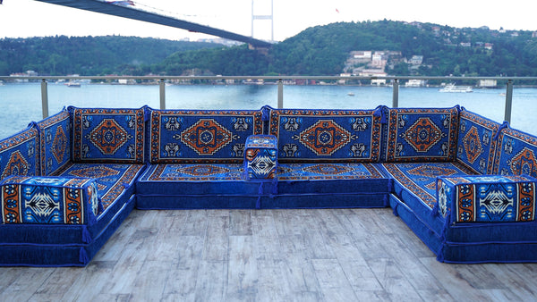 Blue Kirsehir Motif pattern U-shaped Arabic floor sofa set, photo 13 of 13