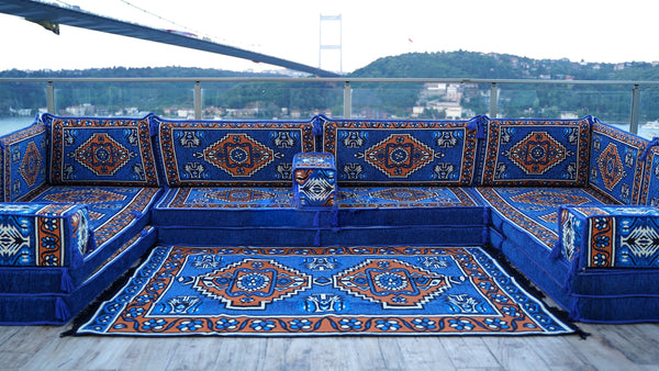Blue Kirsehir Motif pattern U-shaped Arabic floor sofa set, photo 12 of 12