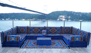 Blue Kirsehir Motif pattern U-shaped Arabic floor sofa set, photo 11 of 12