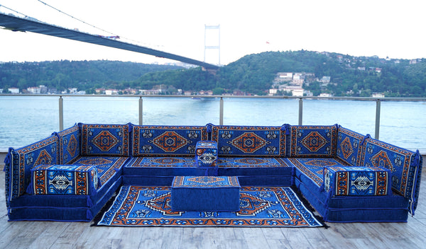 Blue Kirsehir Motif pattern U-shaped Arabic floor sofa set, photo 11 of 12