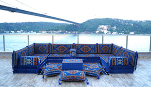 Blue Kirsehir Motif pattern U-shaped Arabic floor sofa set, photo 10 of 12