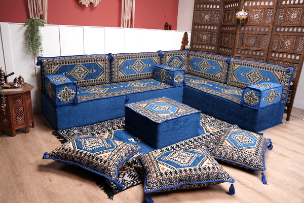 Royal Blue Palace Elegance: L Shaped Floor Sofa Set – Arabic Majlis Seating – Window Seat Cushion – Oriental Cushion Set