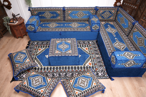 Royal Blue Palace Elegance: L Shaped Floor Sofa Set – Arabic Majlis Seating – Window Seat Cushion – Oriental Cushion Set