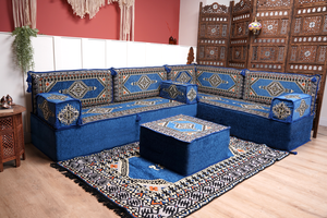 Royal Blue Palace Elegance: L Shaped Floor Sofa Set – Arabic Majlis Seating – Window Seat Cushion – Oriental Cushion Set