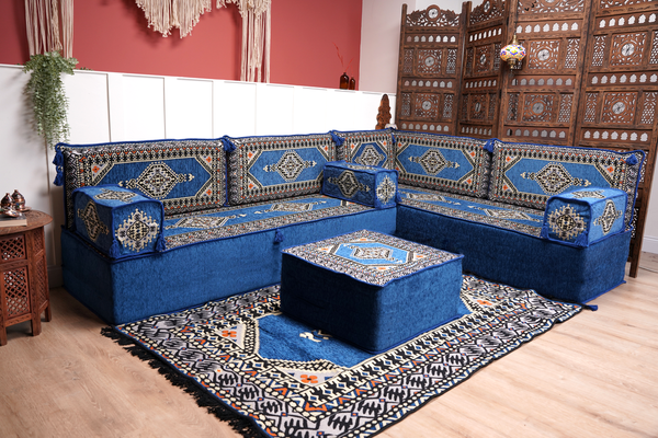 Royal Blue Palace Elegance: L Shaped Floor Sofa Set – Arabic Majlis Seating – Window Seat Cushion – Oriental Cushion Set