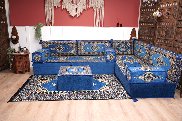 Royal Blue Palace Elegance: L Shaped Floor Sofa Set – Arabic Majlis Seating – Window Seat Cushion – Oriental Cushion Set