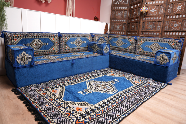 Royal Blue Palace Elegance: L Shaped Floor Sofa Set – Arabic Majlis Seating – Window Seat Cushion – Oriental Cushion Set