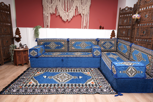 Royal Blue Palace Elegance: L Shaped Floor Sofa Set – Arabic Majlis Seating – Window Seat Cushion – Oriental Cushion Set