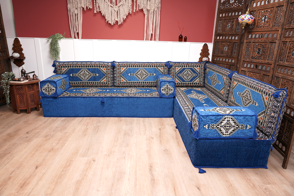 Royal Blue Palace Elegance: L Shaped Floor Sofa Set – Arabic Majlis Seating – Window Seat Cushion – Oriental Cushion Set