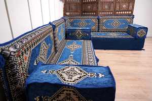 Royal Blue Palace Elegance: L Shaped Floor Sofa Set – Arabic Majlis Seating – Window Seat Cushion – Oriental Cushion Set