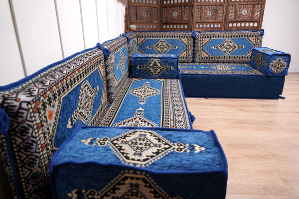Royal Blue Palace Elegance: L Shaped Floor Sofa Set – Arabic Majlis Seating – Window Seat Cushion – Oriental Cushion Set