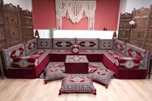 U Shaped Maroon Floor Cushions, Modern Arabic Majlis Set, Floor Sofa Set, Ethnic Sofa, Arabic Jalsa, Moroccan Sofa