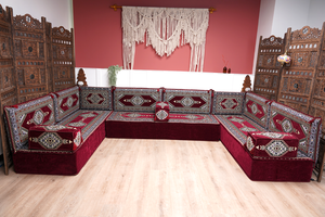 U Shaped Maroon Floor Cushions, Modern Arabic Majlis Set, Floor Sofa Set, Ethnic Sofa, Arabic Jalsa, Moroccan Sofa