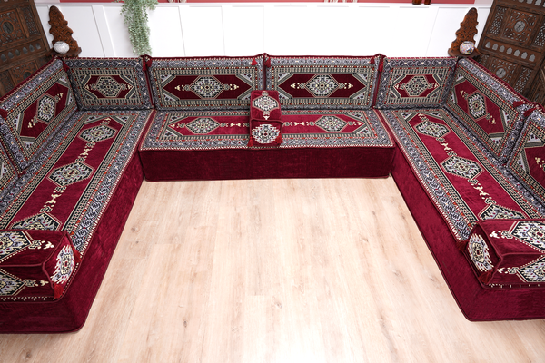 U Shaped Maroon Floor Cushions, Modern Arabic Majlis Set, Floor Sofa Set, Ethnic Sofa, Arabic Jalsa, Moroccan Sofa