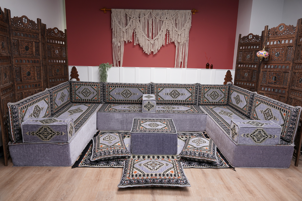 Modern Arabic Sofa, U Shaped Gray Arabic Floor Sofa Set, Moroccan Couch Sofas, Floor Cushion, Sectional Sofas, Arabic Majlis Sofa Seating