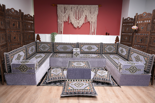 Gray Corner Sofa Seating Set, U Shaped Arabic Sofa Set, Oriental Floor Seating, Living Room Sofa, Sofa Slipcovers
