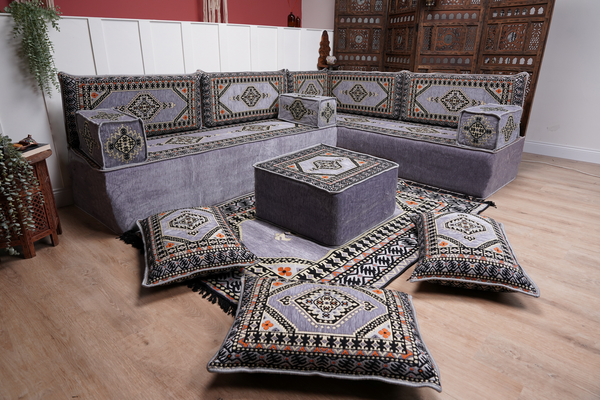 16'' Thickness Gray L Sofa Set, Arabic Floor Sofa Seating,  Living Room Sofa, Sectional Sofa, Moroccan Sofas, Corner Floor Couch, Turkish Sofa