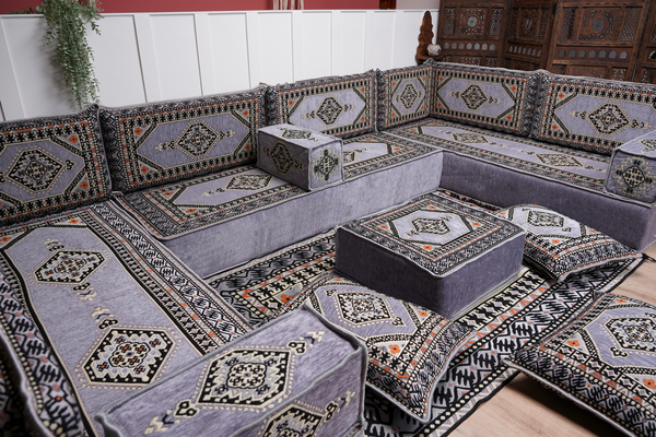 Modern Arabic Sofa, U Shaped Gray Arabic Floor Sofa Set, Moroccan Couch Sofas, Floor Cushion, Sectional Sofas, Arabic Majlis Sofa Seating