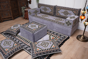 Loveseat Arabic Sofa, Traditional Living Room Sofa with Ottoman Couch and Rug, Floor Sofa Set, Ottoman Floor Cushion Seating, Arabic Majlis