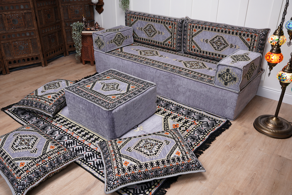 Loveseat Arabic Sofa, Traditional Living Room Sofa with Ottoman Couch and Rug, Floor Sofa Set, Ottoman Floor Cushion Seating, Arabic Majlis