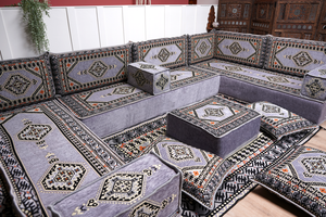 Gray Corner Sofa Seating Set, U Shaped Arabic Sofa Set, Oriental Floor Seating, Living Room Sofa, Sofa Slipcovers