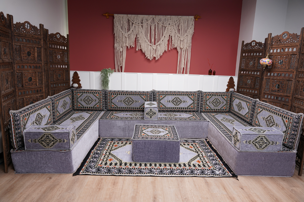 Modern Arabic Sofa, U Shaped Gray Arabic Floor Sofa Set, Moroccan Couch Sofas, Floor Cushion, Sectional Sofas, Arabic Majlis Sofa Seating