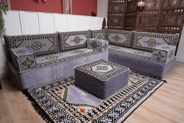 16'' Thickness Gray L Sofa Set, Arabic Floor Sofa Seating,  Living Room Sofa, Sectional Sofa, Moroccan Sofas, Corner Floor Couch, Turkish Sofa
