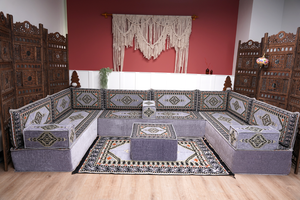 Gray Corner Sofa Seating Set, U Shaped Arabic Sofa Set, Oriental Floor Seating, Living Room Sofa, Sofa Slipcovers