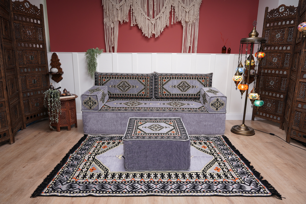 Loveseat Arabic Sofa, Traditional Living Room Sofa with Ottoman Couch and Rug, Floor Sofa Set, Ottoman Floor Cushion Seating, Arabic Majlis