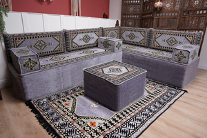 16'' Thickness Gray L Sofa Set, Arabic Floor Sofa Seating,  Living Room Sofa, Sectional Sofa, Moroccan Sofas, Corner Floor Couch, Turkish Sofa