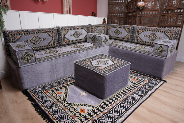 16'' Thickness Gray L Sofa Set, Arabic Floor Sofa Seating,  Living Room Sofa, Sectional Sofa, Moroccan Sofas, Corner Floor Couch, Turkish Sofa