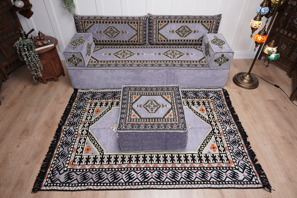 Loveseat Arabic Sofa, Traditional Living Room Sofa with Ottoman Couch and Rug, Floor Sofa Set, Ottoman Floor Cushion Seating, Arabic Majlis