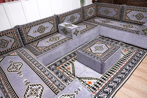 Gray Corner Sofa Seating Set, U Shaped Arabic Sofa Set, Oriental Floor Seating, Living Room Sofa, Sofa Slipcovers