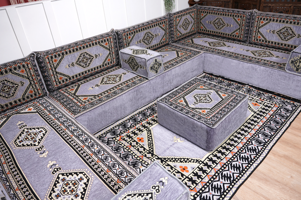 Gray Corner Sofa Seating Set, U Shaped Arabic Sofa Set, Oriental Floor Seating, Living Room Sofa, Sofa Slipcovers