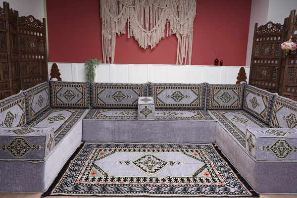Modern Arabic Sofa, U Shaped Gray Arabic Floor Sofa Set, Moroccan Couch Sofas, Floor Cushion, Sectional Sofas, Arabic Majlis Sofa Seating