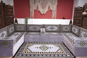 Gray Corner Sofa Seating Set, U Shaped Arabic Sofa Set, Oriental Floor Seating, Living Room Sofa, Sofa Slipcovers