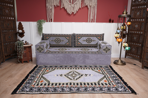 Loveseat Arabic Sofa, Traditional Living Room Sofa with Ottoman Couch and Rug, Floor Sofa Set, Ottoman Floor Cushion Seating, Arabic Majlis