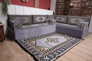 16'' Thickness Gray L Sofa Set, Arabic Floor Sofa Seating,  Living Room Sofa, Sectional Sofa, Moroccan Sofas, Corner Floor Couch, Turkish Sofa