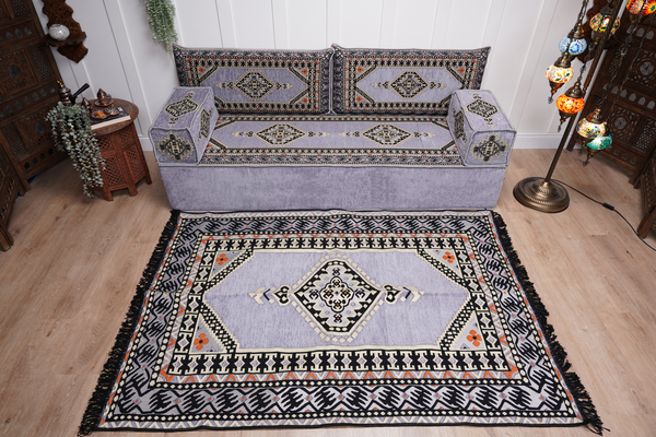Loveseat Arabic Sofa, Traditional Living Room Sofa with Ottoman Couch and Rug, Floor Sofa Set, Ottoman Floor Cushion Seating, Arabic Majlis