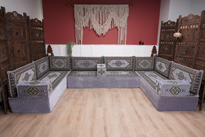 Modern Arabic Sofa, U Shaped Gray Arabic Floor Sofa Set, Moroccan Couch Sofas, Floor Cushion, Sectional Sofas, Arabic Majlis Sofa Seating