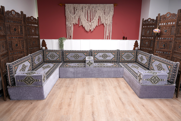 Gray Corner Sofa Seating Set, U Shaped Arabic Sofa Set, Oriental Floor Seating, Living Room Sofa, Sofa Slipcovers