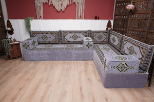 16'' Thickness Gray L Sofa Set, Arabic Floor Sofa Seating,  Living Room Sofa, Sectional Sofa, Moroccan Sofas, Corner Floor Couch, Turkish Sofa